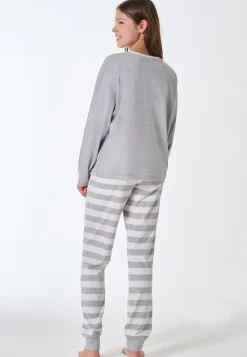 Schlafanzug lang Bündchen Ringel grau-meliert - Teens Nightwear