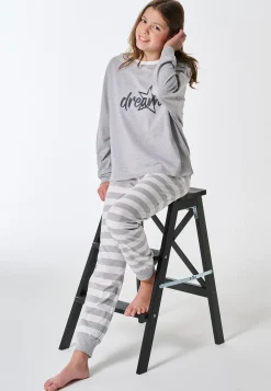 Schlafanzug lang Bündchen Ringel grau-meliert - Teens Nightwear