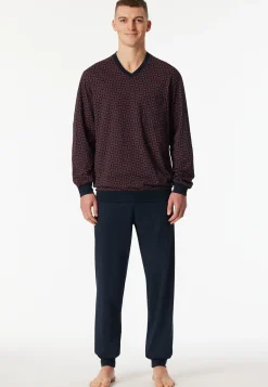Schlafanzug lang Bündchen rotbraun gemustert - Comfort Nightwear