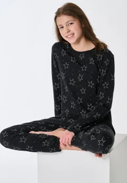 Schlafanzug lang Bündchen Sterne schwarz - Teens Nightwear