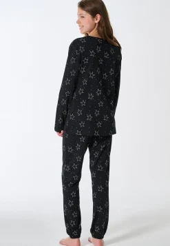 Schlafanzug lang Bündchen Sterne schwarz - Teens Nightwear