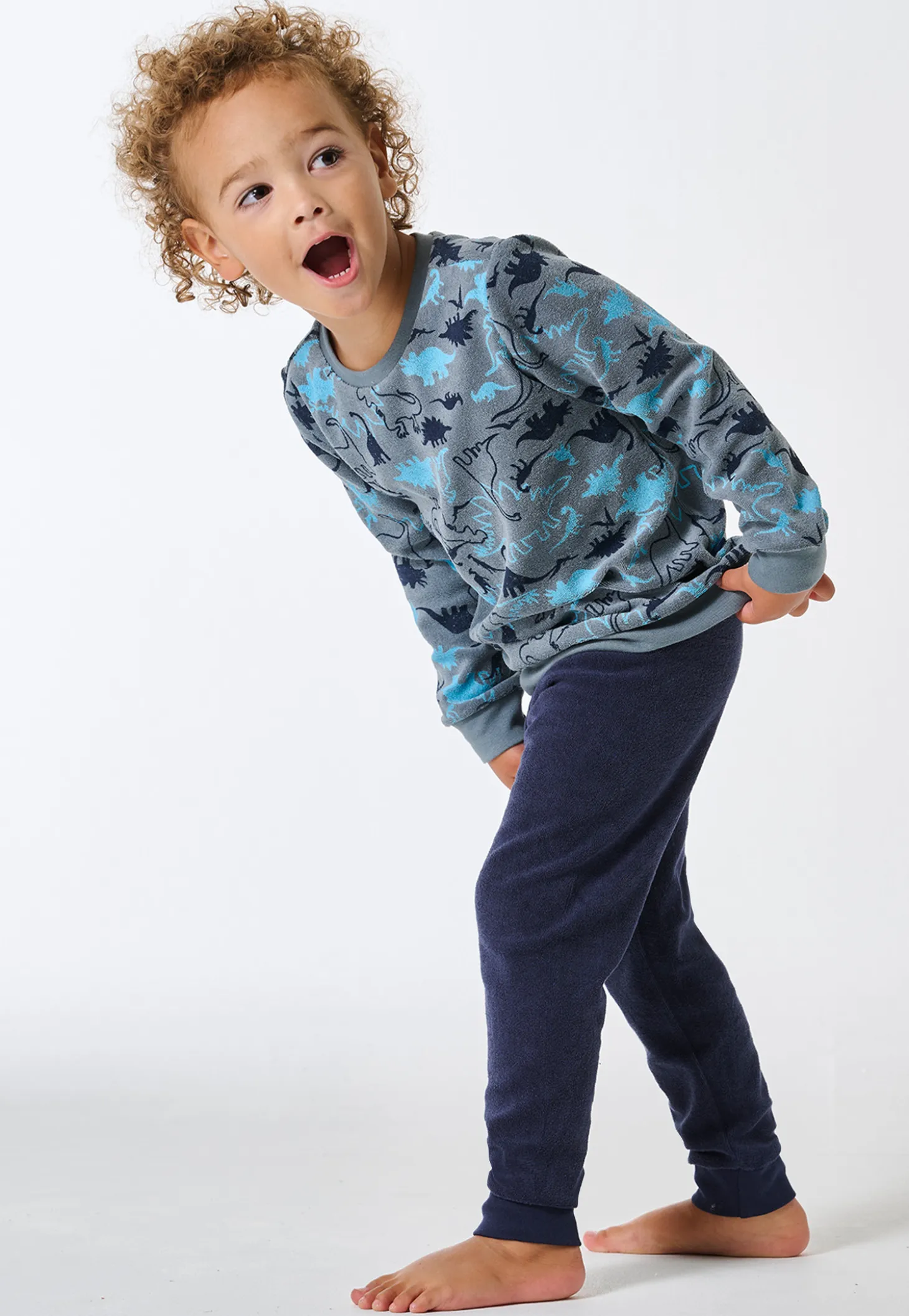 Schlafanzug lang Frottee Bündchen Dinos mineral - Kids Nightwear