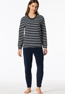 Schlafanzug lang Frottee Bündchen Ringel nachtblau - Casual Essentials