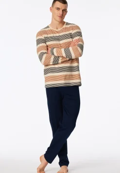 Schlafanzug lang geringelt braun - Casual Nightwear