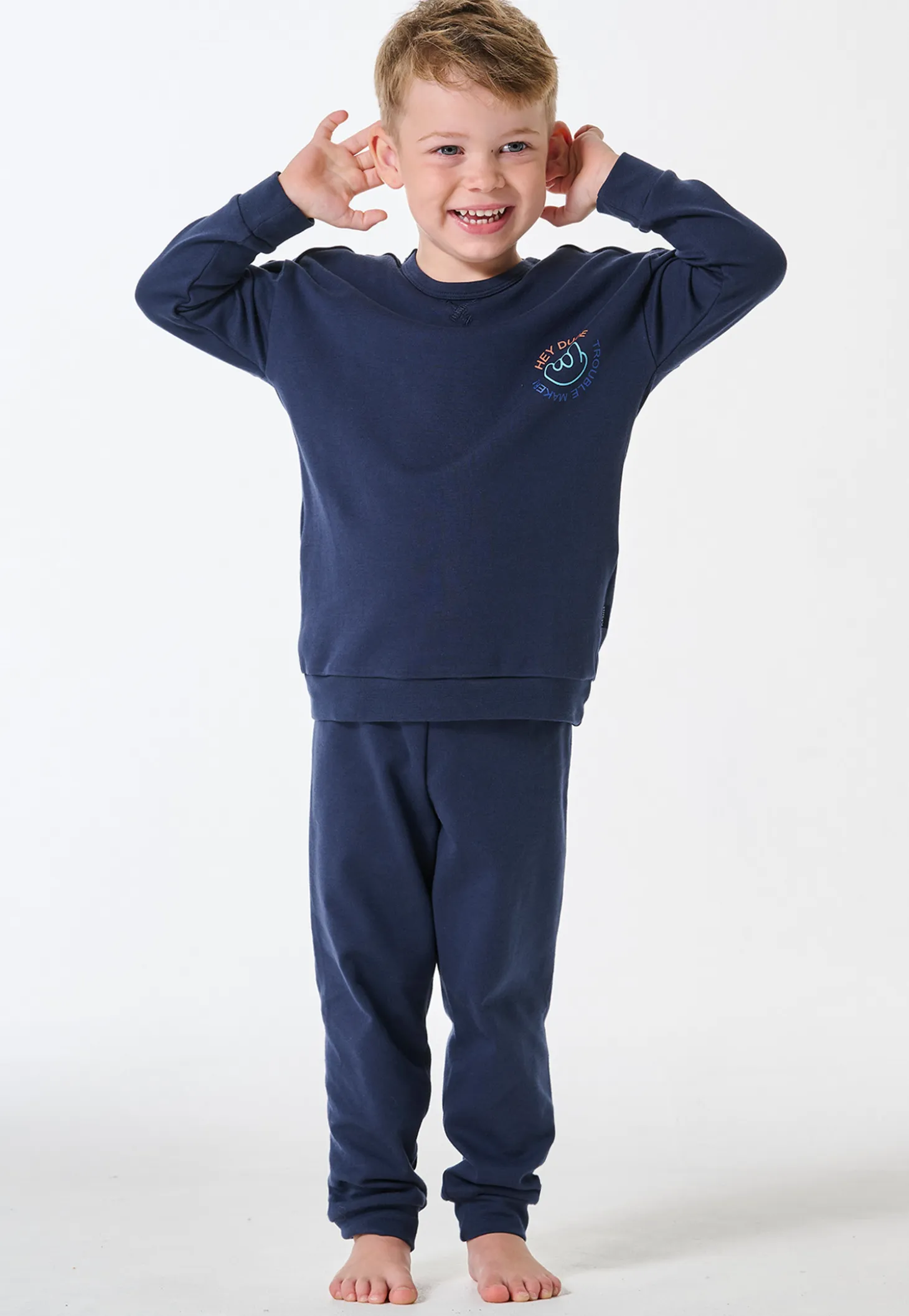 Schlafanzug lang Interlock Bündchen dunkelblau - Kids Nightwear
