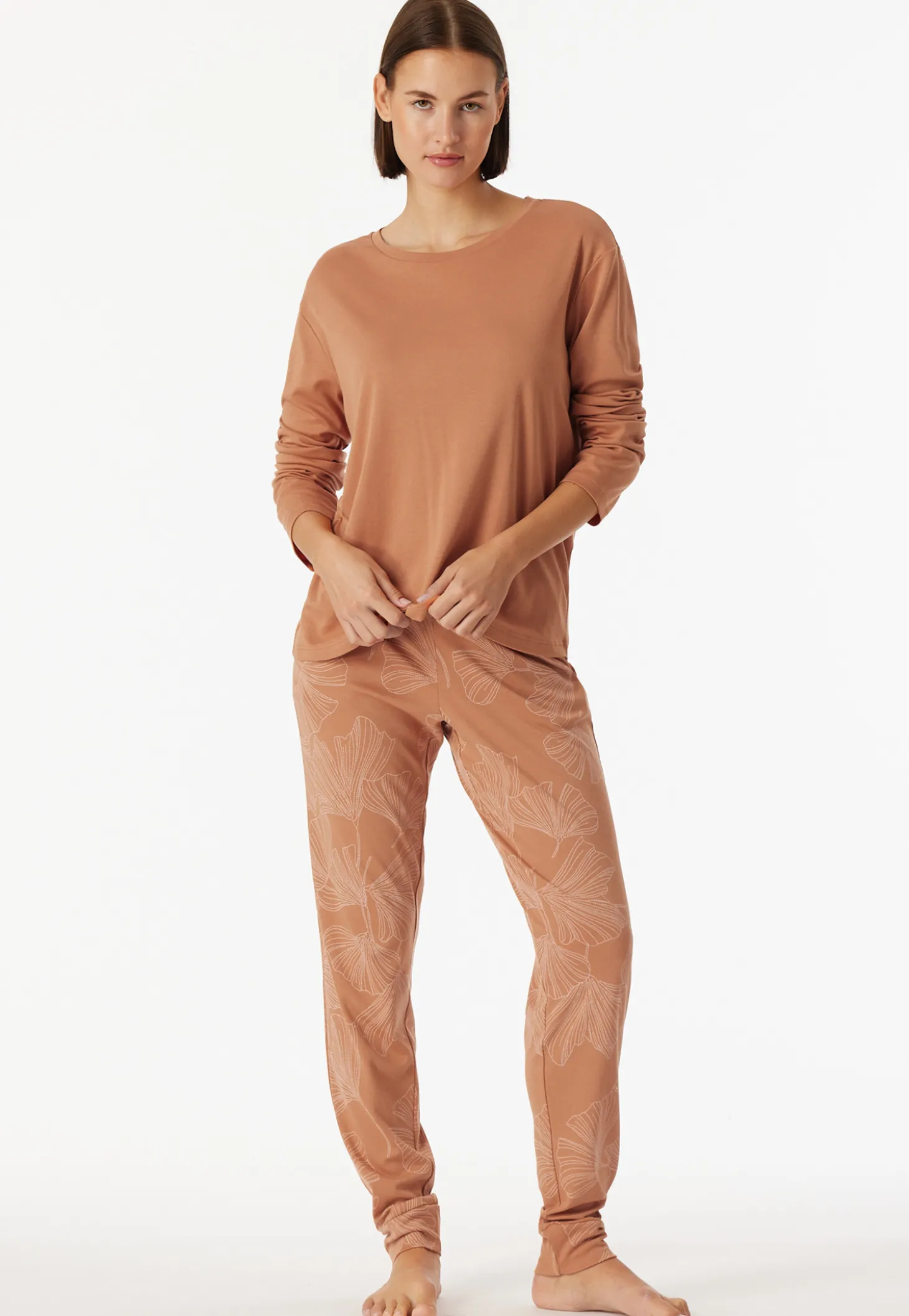 Schlafanzug lang Interlock Bündchen Ginkgo rost - Modern Nightwear