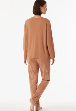 Schlafanzug lang Interlock Bündchen Ginkgo rost - Modern Nightwear