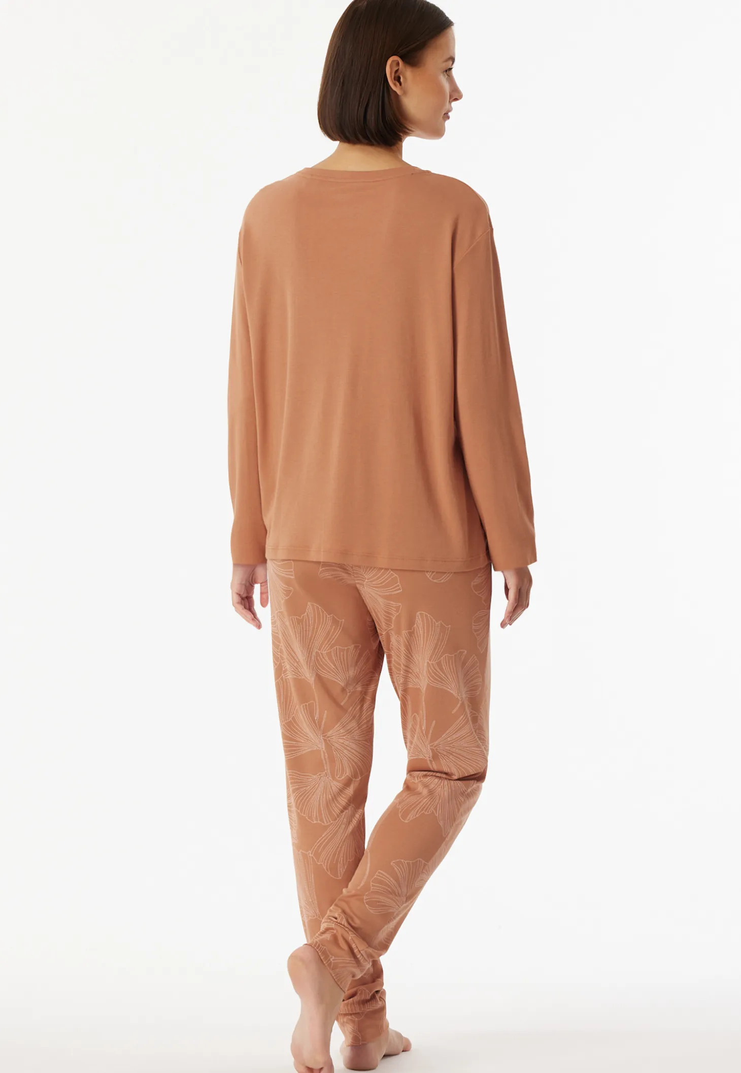 Schlafanzug lang Interlock Bündchen Ginkgo rost - Modern Nightwear