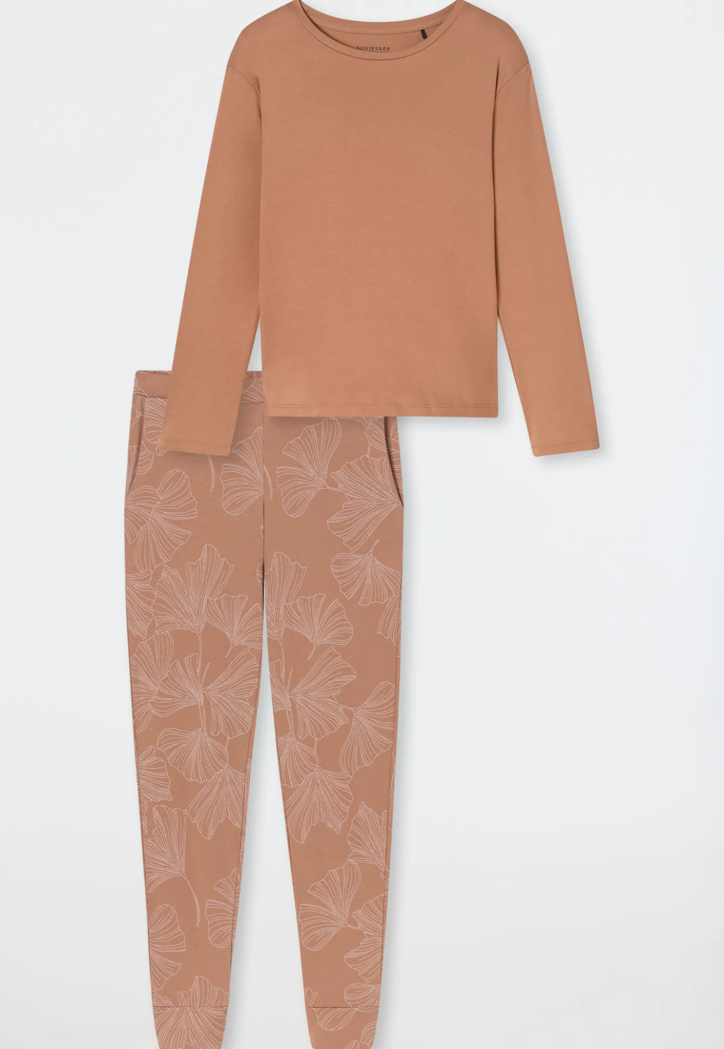 Schlafanzug lang Interlock Bündchen Ginkgo rost - Modern Nightwear