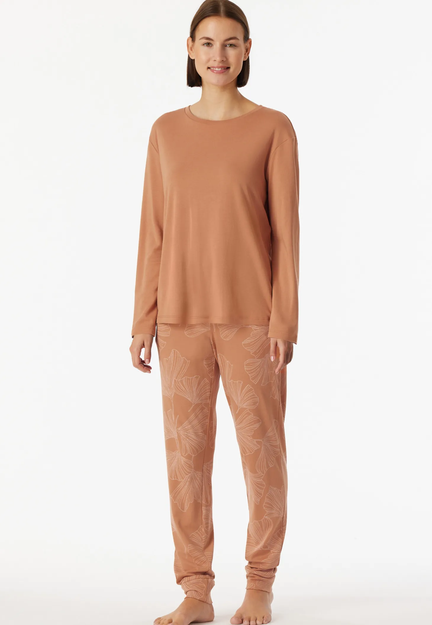 Schlafanzug lang Interlock Bündchen Ginkgo rost - Modern Nightwear
