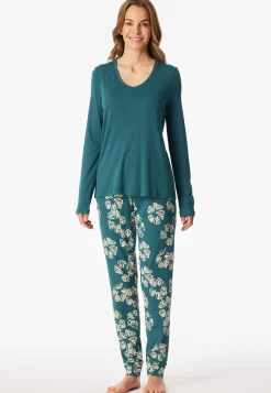 Schlafanzug lang Interlock Bündchen Blumen grün - Modern Nightwear