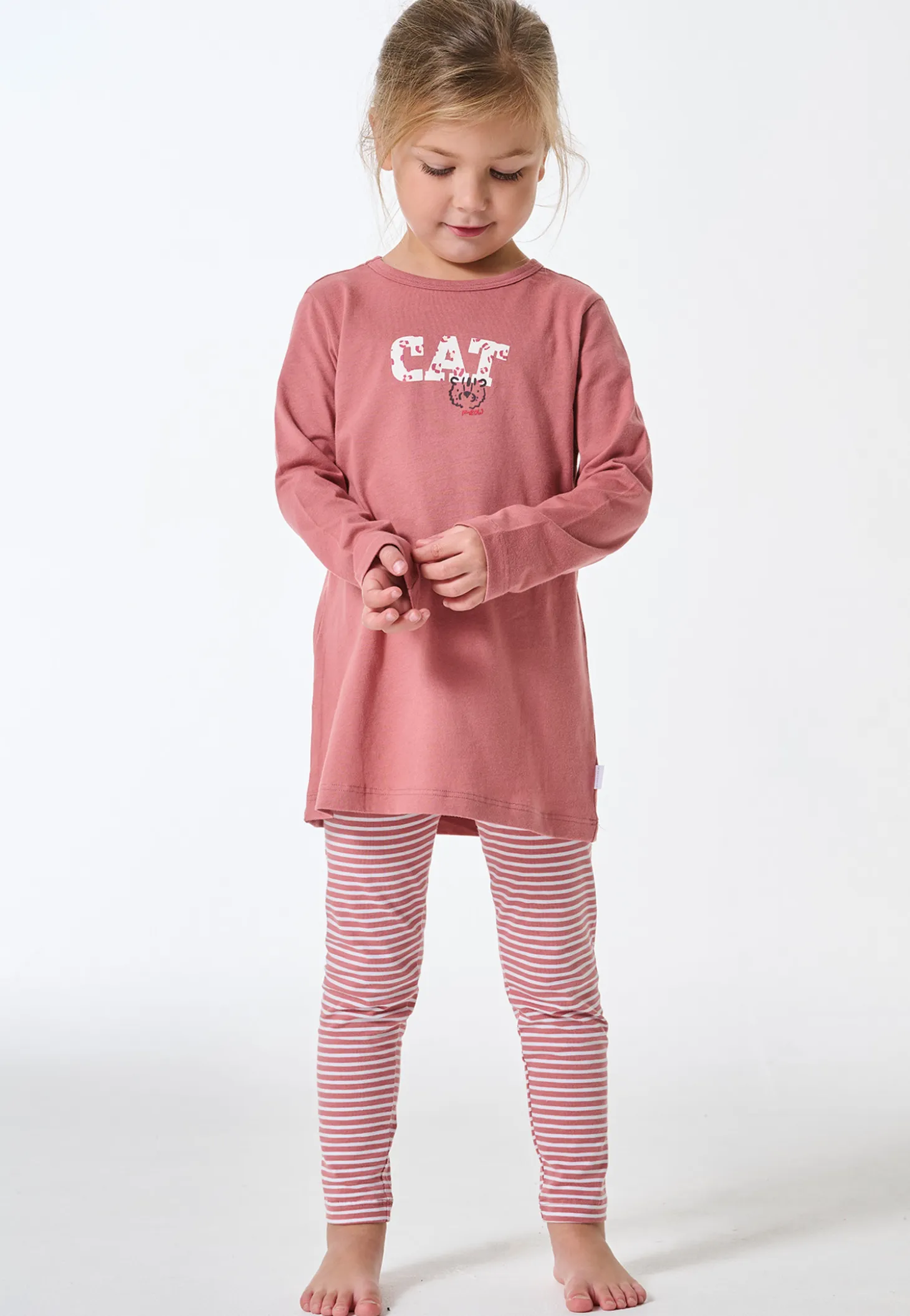 Schlafanzug lang Interlock Leggings Katze Ringel altrosa - Kids Nightwear