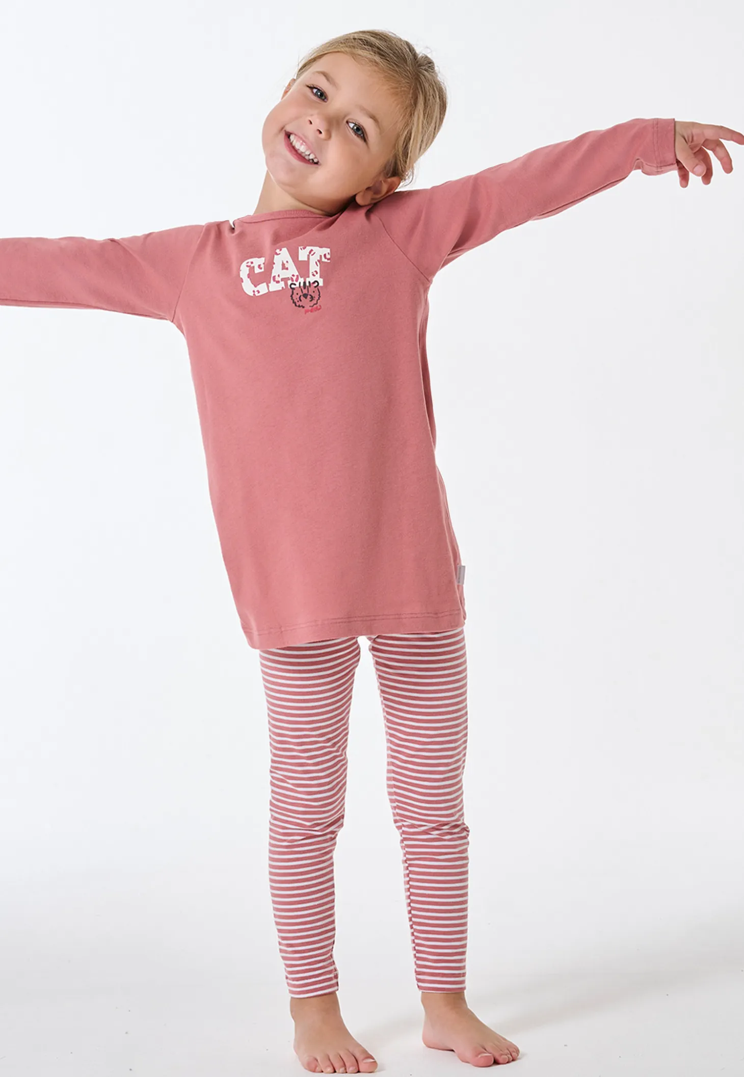 Schlafanzug lang Interlock Leggings Katze Ringel altrosa - Kids Nightwear