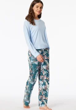 Schlafanzug lang Interlock Palmen hellblau - Modern Nightwear