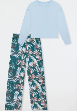 Schlafanzug lang Interlock Palmen hellblau - Modern Nightwear
