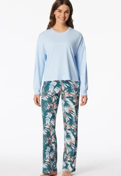 Schlafanzug lang Interlock Palmen hellblau - Modern Nightwear