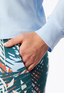 Schlafanzug lang Interlock Palmen hellblau - Modern Nightwear