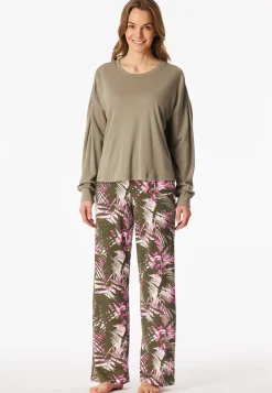 Schlafanzug lang Interlock Palmen jade - Modern Nightwear