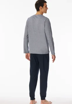 Schlafanzug lang Ringel Bündchen nachtblau - Casual Essentials
