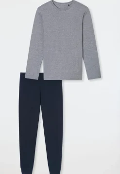 Schlafanzug lang Ringel Bündchen nachtblau - Casual Essentials