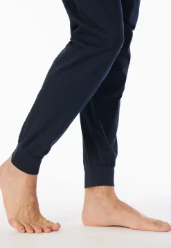 Schlafanzug lang Ringel Bündchen nachtblau - Casual Essentials