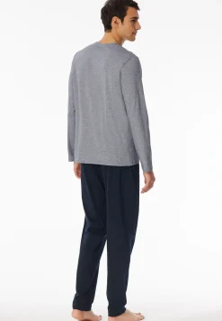 Schlafanzug lang Ringel Knopfleiste nachtblau - Casual Essentials
