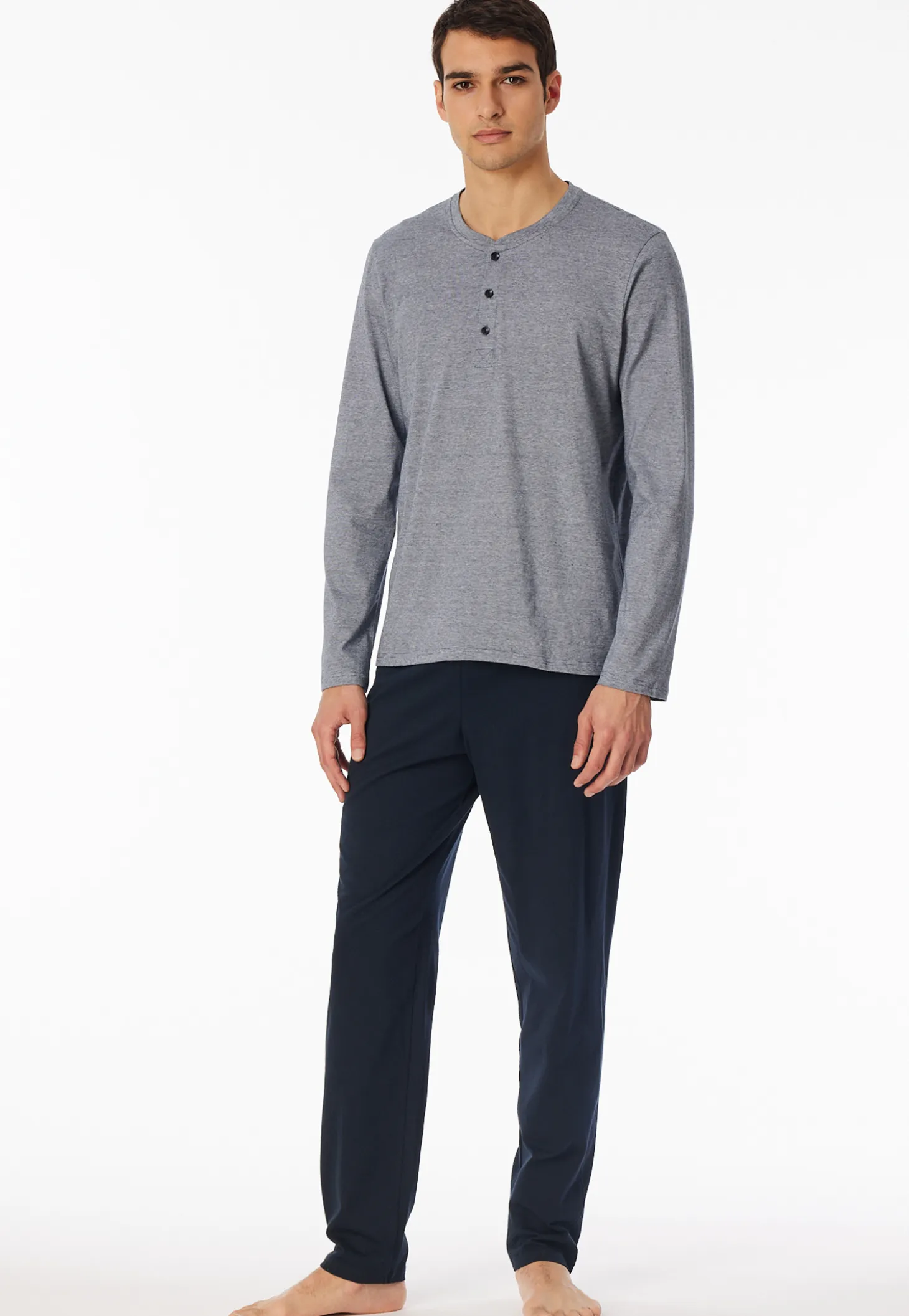 Schlafanzug lang Ringel Knopfleiste nachtblau - Casual Essentials