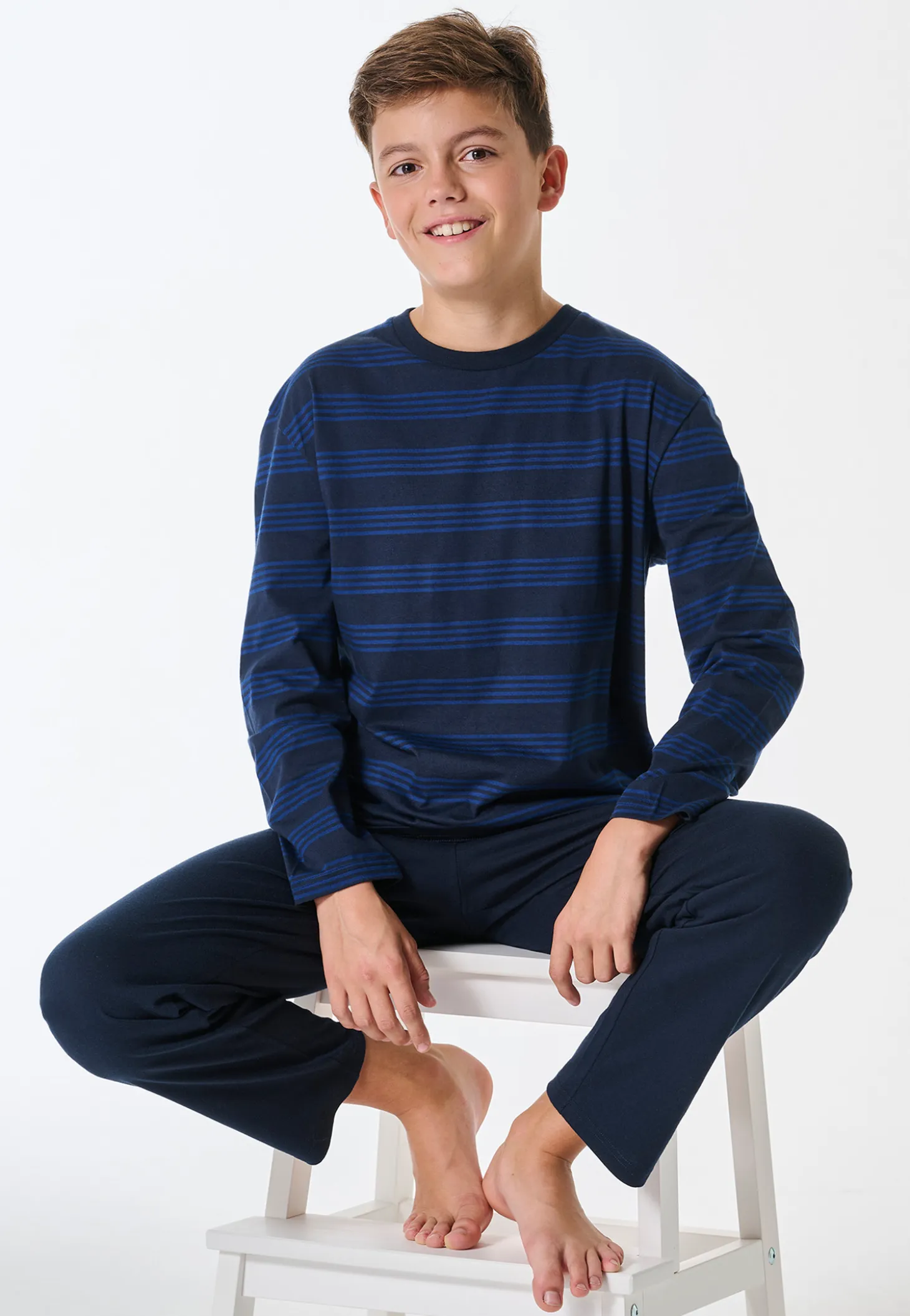 Schlafanzug lang Ringel nachtblau - Teens Nightwear