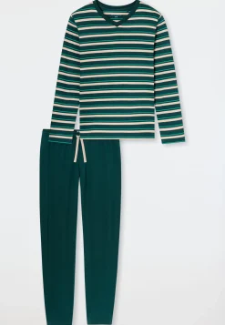 Schlafanzug lang Ringel tiefseegrün - Casual Nightwear