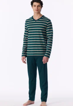 Schlafanzug lang Ringel tiefseegrün - Casual Nightwear