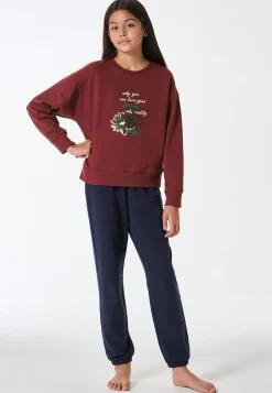 Schlafanzug lang Sweatware Bündchen burgund - Teens Nightwear