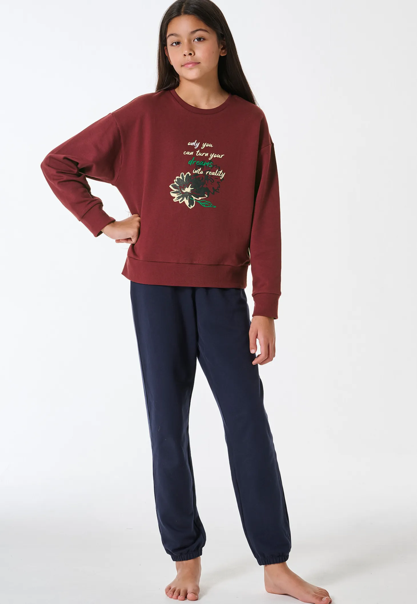 Schlafanzug lang Sweatware Bündchen burgund - Teens Nightwear