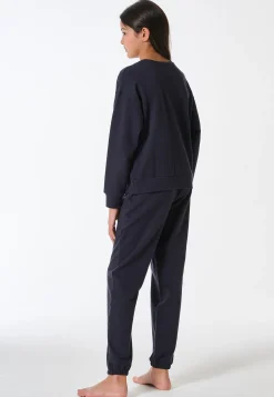 Schlafanzug lang Sweatware Bündchen navy - Nightwear