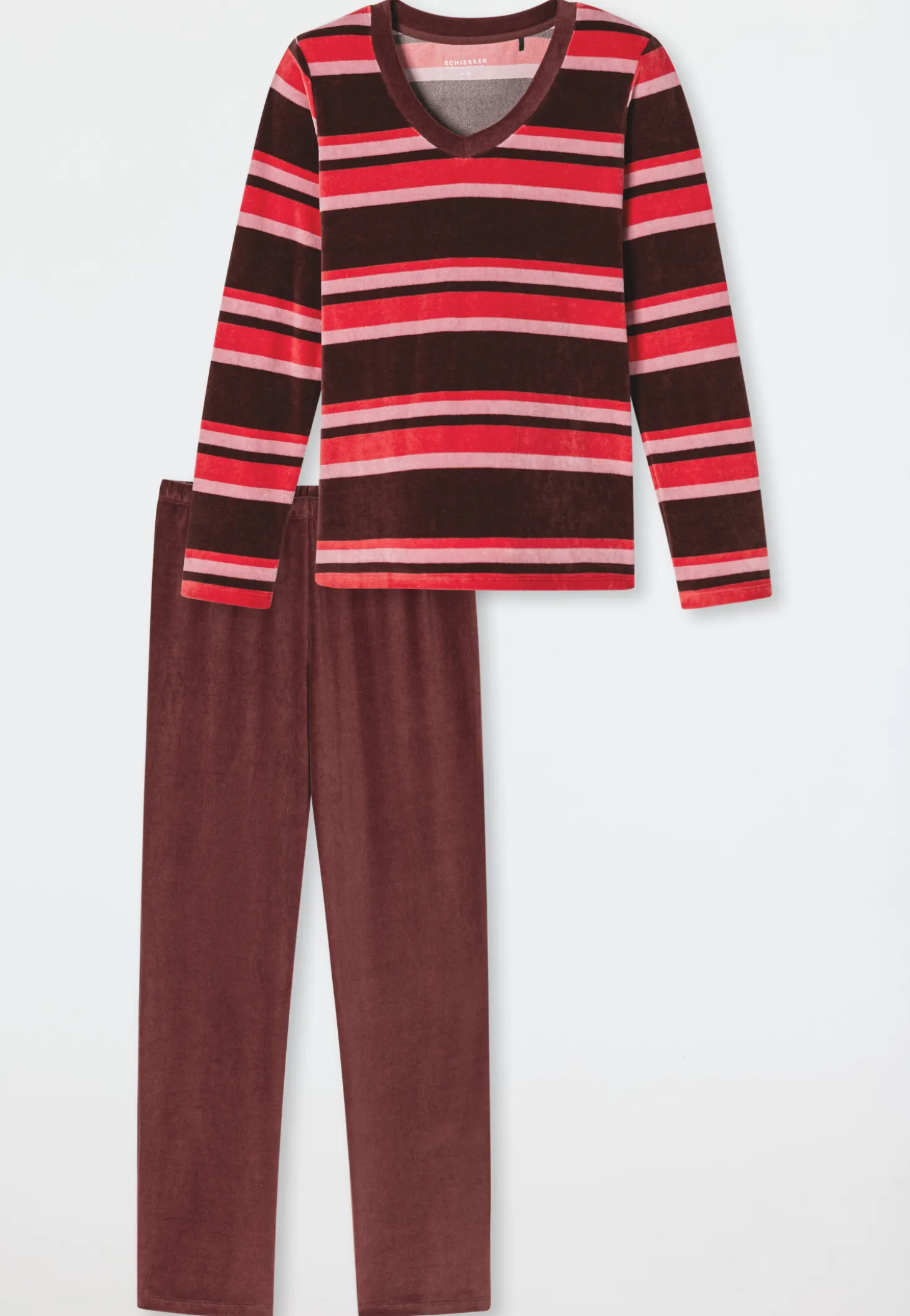 Schlafanzug lang Velour Ringel burgund - Comfort Nightwear