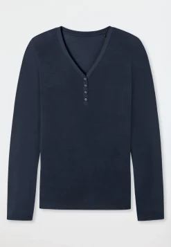 Shirt langarm Modal V-Ausschnitt Knopfleiste blau - Mix+Relax