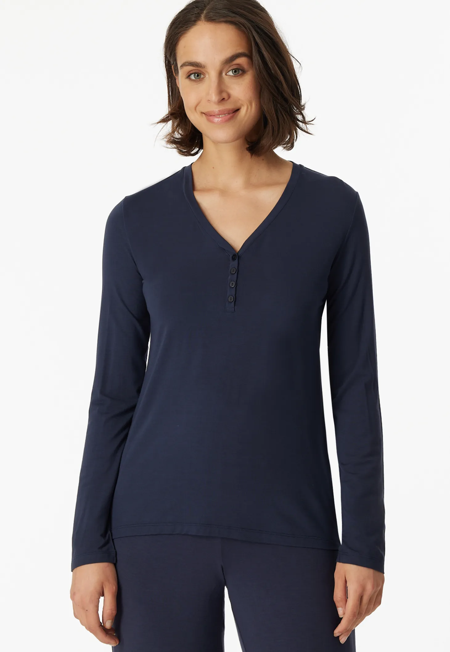 Shirt langarm Modal V-Ausschnitt Knopfleiste blau - Mix+Relax