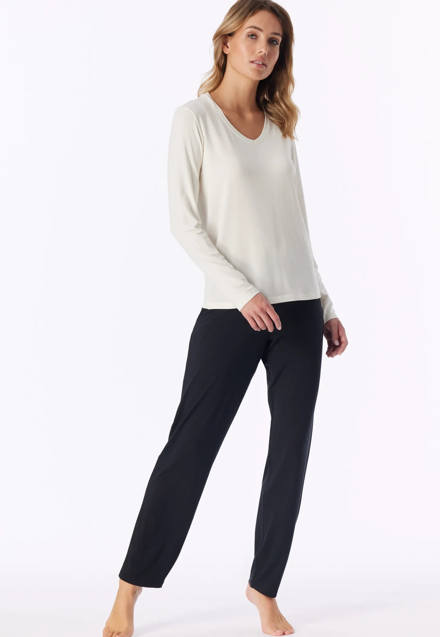 Shirt langarm V-Ausschnitt naturweiß - Mix+Relax