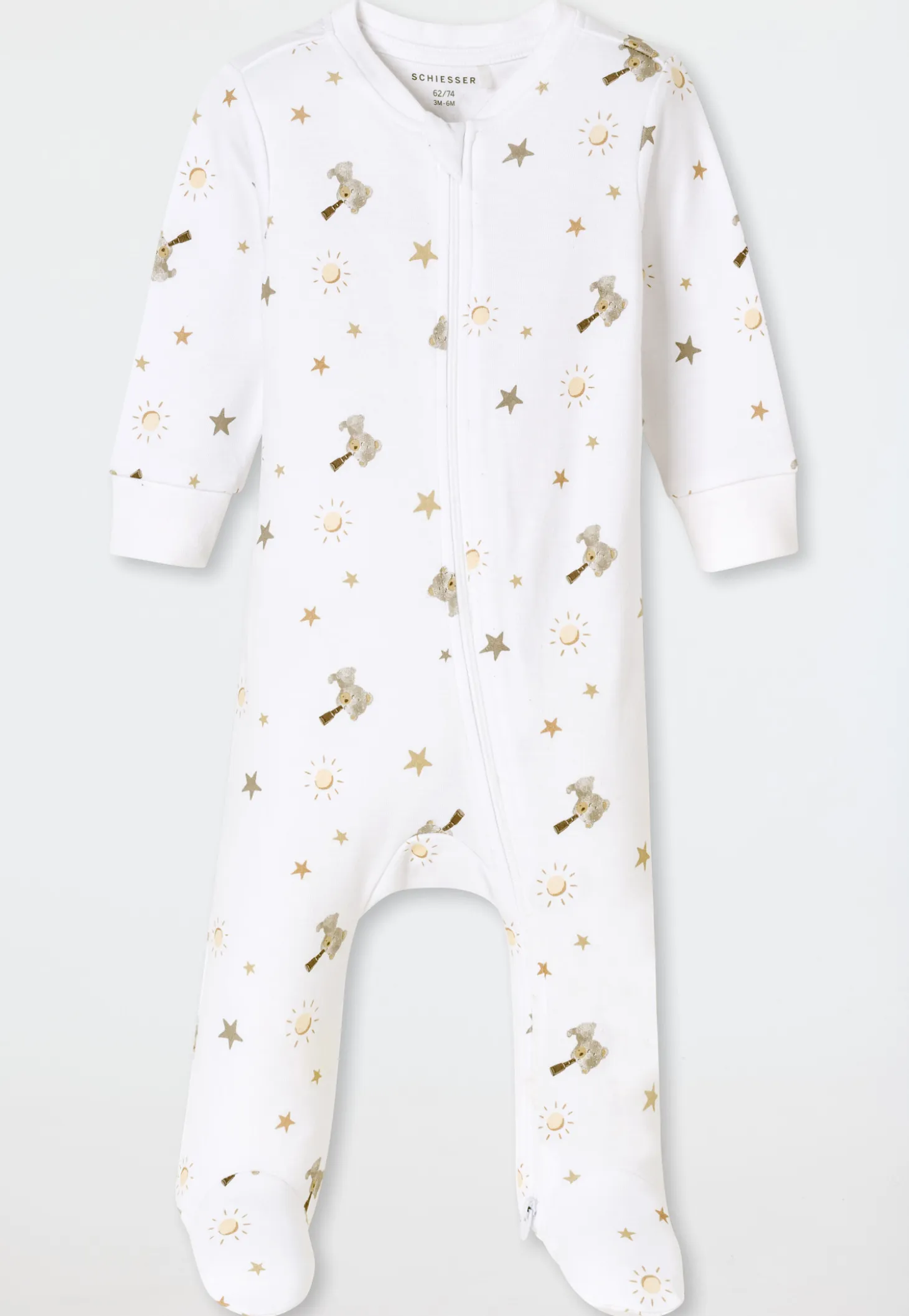 Strampler lang mit Fuß Teddybären weiß - Baby