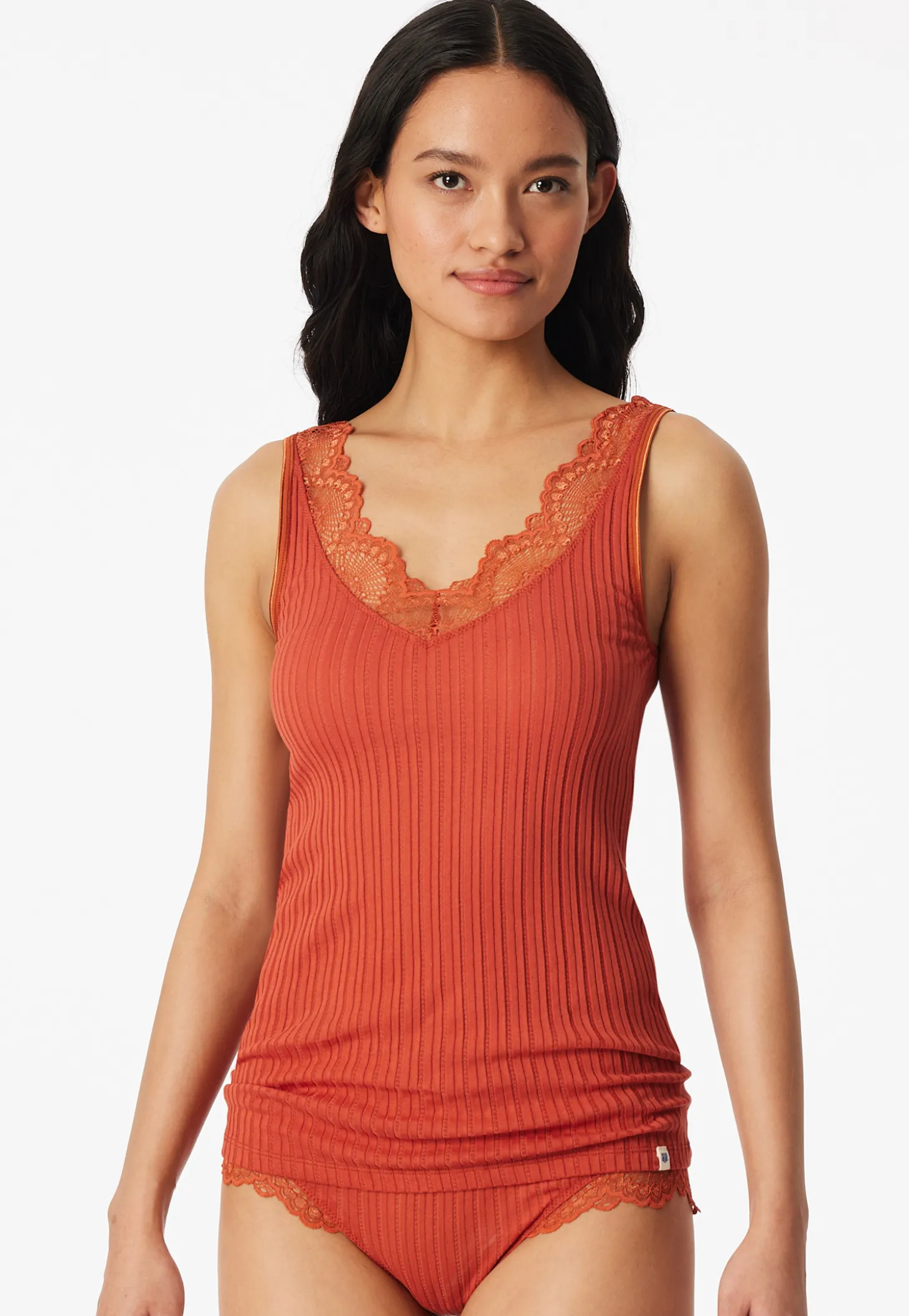 Trägertop Feinripp Nadelzug Spitze terracotta - Revival Marie