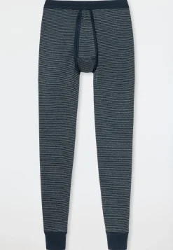 Unterhose lang mit Eingriff dunkelblau geringelt - Feinripp melange