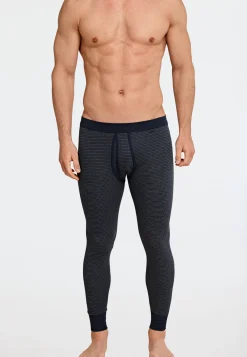 Unterhose lang mit Eingriff dunkelblau geringelt - Feinripp melange