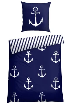 Wende-Bettwäsche 2-teilig Renforcé Anker Streifen navy/weiß - SCHIESSER Home