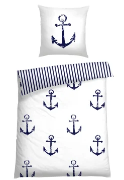Wende-Bettwäsche 2-teilig Renforcé Anker Streifen weiß/navy - SCHIESSER Home